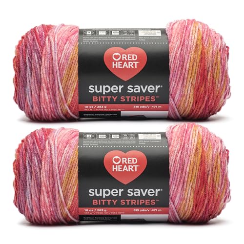 Red Heart Super Saver Bitty Stripe Pink Lemonade Yarn - 2 Pack of 10oz/283g - 100% Acrylic - #4 Worsted (Medium) - 515 Yards - Knitting/Crochet