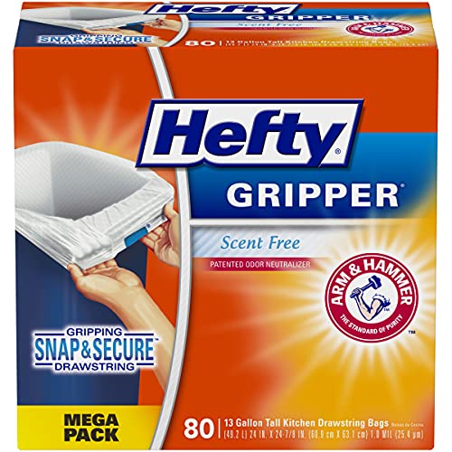 Hefty Gripper Tall White Trash Bags, Unscented, 13 Gallon, 80 Count