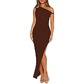 QZOOK Women's One Shoulder Dresses Fall Cocktail Twist Strap Side Slit Bodycon Elegant Wedding Guest Prom Party Maxi Dress