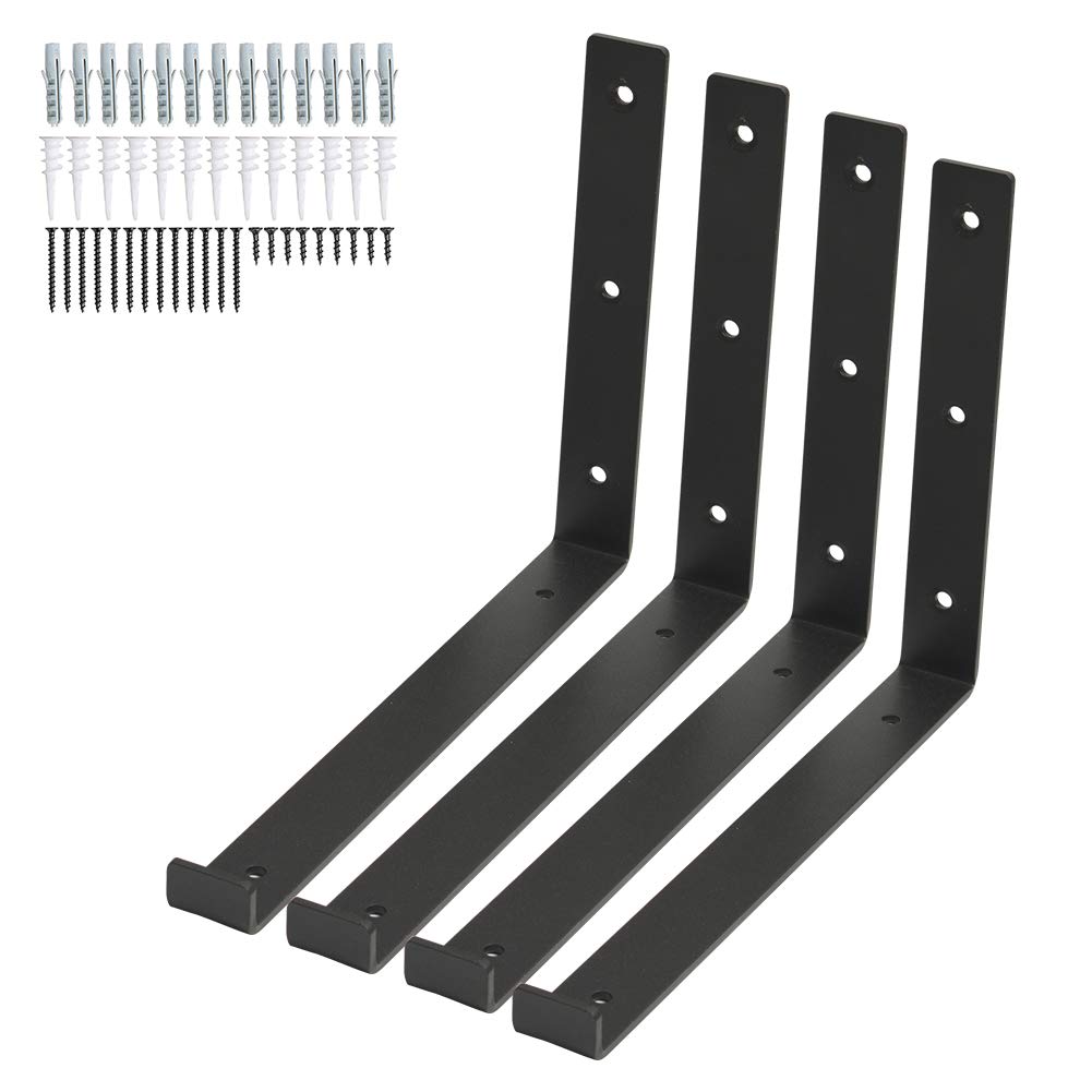 4 Pack Shelf Brackets, Wall Mounted Shelve Brackets,J Bracket with Lip,Shelving Support Brackets, Book Shelf Bracket with Screws and Anchors,Black(9.25 inch)