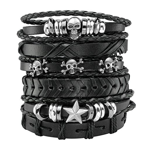 Eigso 6 Pcs Leather Bracelet Braided Wide Wristband Women Men Punk Rock Jewelry Skull