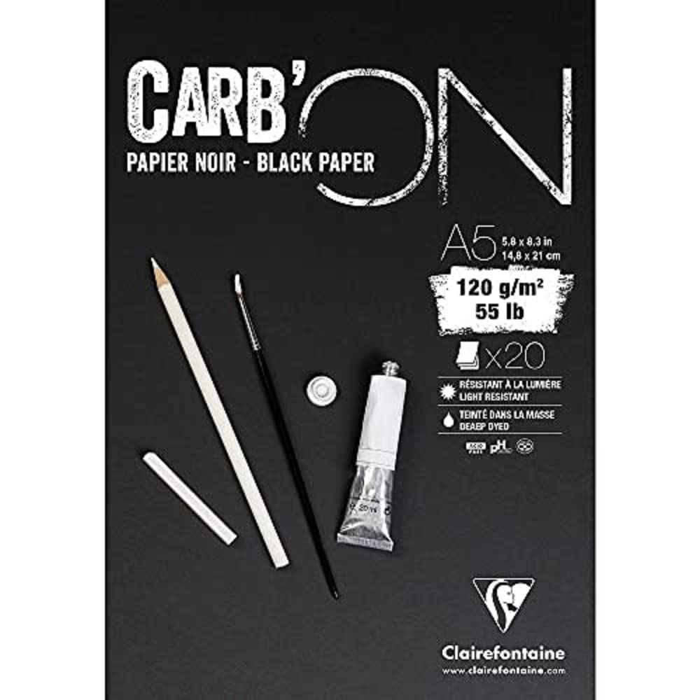 Clairefontaine - Ref 975038C - Carb'On Black Glued Paper Pad (20 Sheets) - A5 (210 x 148mm) Sized, 120gsm Paper, Acid Free, pH Neutral - Suitable for Pencil, Felt Tip, Chalk