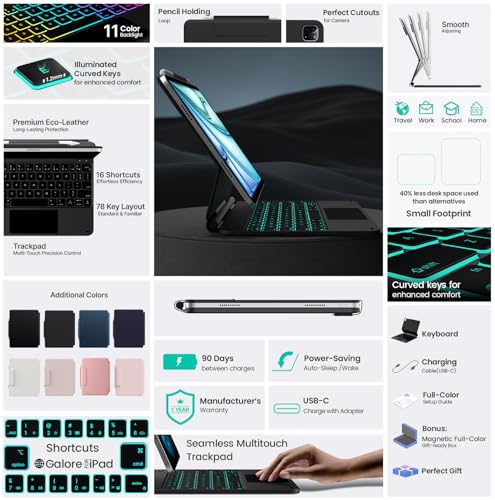 typecase Edge Keyboard Case for iPad Air 11"(M4/M3/M2, 2026/2025/2024), Pro 11" & Air 5/4 – Magic with Multi-Touch Trackpad, 11 Colors Backlight, Pencil Holder, Slim & Lightweight - Black