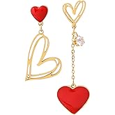Mismatch Red Love Heart Clip Earrings for Women Unique Red Hollow Heart Dangle Drop Clip Earrings Asymmetry Hypoallergenic Heart Dangle Drop Clip Earrings for Valentine's Day