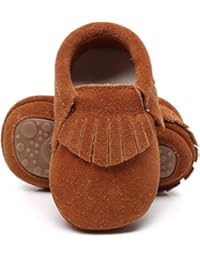 HONGTEYA Leather Baby Moccasins Hard Soled Tassel Crib Toddler Shoes for Boys and Girls (0-6 Months/4.33inch, Suede Dark Brown)