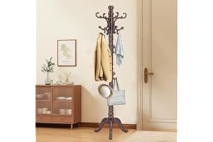 OIRUMIE Wooden Coat Rack Stand, Vintage Wood Coat Rack Freestanding with Sturdy Triangle Base, Classic Coat Racks with 14 Hooks, Natural Birch Wood Coat Tree Hanger Stand for Entryway,Office