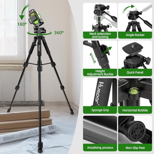 Huepar 3 x 360° Cross Line Laser with 127 cm Tripod, Laser Spirit Level Leveling Device Self-Levelling with Pulse Mode, for Indoor and Outdoor Use, Green Line Laser for Construction Projects and Renovation