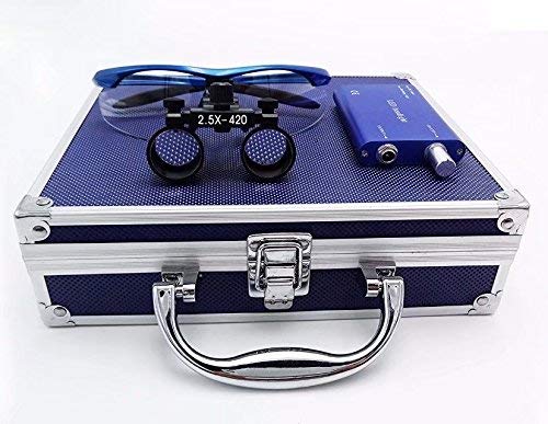 Mike Dental New Surgical Binocular Loupes 2.5x420MM Optical Glass Black Cone with LED Head Light Lamp+ Aluminum Box (Blue)