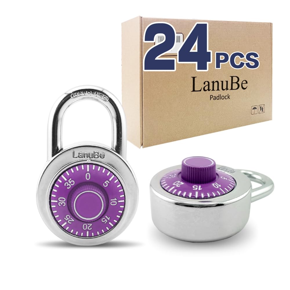 Photo 1 of LanuBe Standard Dial Combination Lock, 2 inches. Wide, with Different Combinations, Purple Turnplate, Pack of 24; Lock for School, Employee, Gym Sports Locker, Case, Toolbox