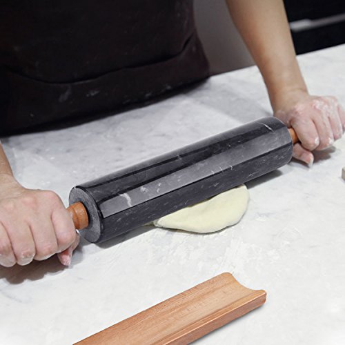 Flexzion Black Marble Rolling Pin, 10inch with Wooden Handle and