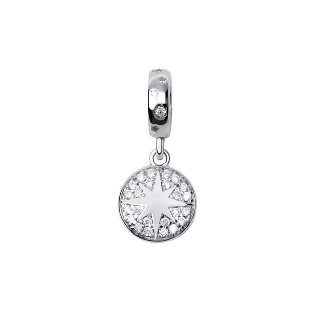 FeatherWish 925 Sterling Silver Shining Star Round Disc Dangle Charm With Cubic Zirconia Compatible With Pandora Bracelet