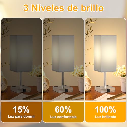 Sunsign Lámparas de Mesa táctil para 2 piezas, 3 Niveles de Brillo, lampara de noche con 2 Puertos USB (A+C) y 2 Salidas de CA, Lámpara de Lectura para habitación (bombilla incluida, Gris)