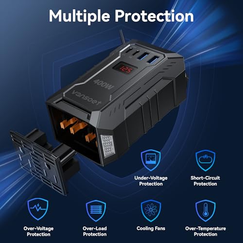 400W Car Power Inverter DC 12V to 110V AC Inverter with PD 30W/15W USB C+2*USB A Ports & 2 AC Outlets, Car Plug Adapter Outlet for Laptop/Phone/Road Trip