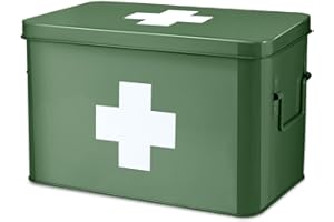 Flexzion First Aid Box Organizer Empty 13" Green Vintage First Aid Kit Tin Metal Medical Box - First Aid Storage Box Containe
