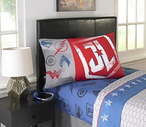 4 Piece Kids Blue Justice League Sheet Set FULL SIZED White Star Printed Bedding Superhero Bed Sheets Batman Superman Logo Geometric Printed Reversible Soft Cozy Luxurious Elegant Red Black, Polyester