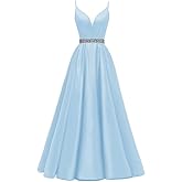 Yexinbridal Satin Prom Dresses Long for Women 2026 Spaghetti Straps Beaded V-Neck Formal Evening Party Gowns