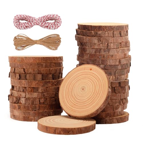 OPULANE Natural Wood Slices 30Pcs 2.8-3.1 Inches Unfinished Wood Rounds Predrilled Holes with 98Ft Twine String Wood Circles for Crafts Wood Burning Painting Arts Wedding Decor DIY Christmas Ornaments