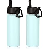 Volhoply 18oz Insulated Water Bottle Bulk 2 Pack,Kids Stainless Steel Water Bottles with Straw,Wide Mouth Reusable Metal Water Bottle,Double Wall Vacuum Sport Flask For Cold Drink(Fog,2 Set)