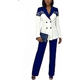 Tcremisa Womens 2 Piece Pants Suit Long Sleeve Lace Patchwork Blazer Straight Leg Pant Set Business Office Work Outfits