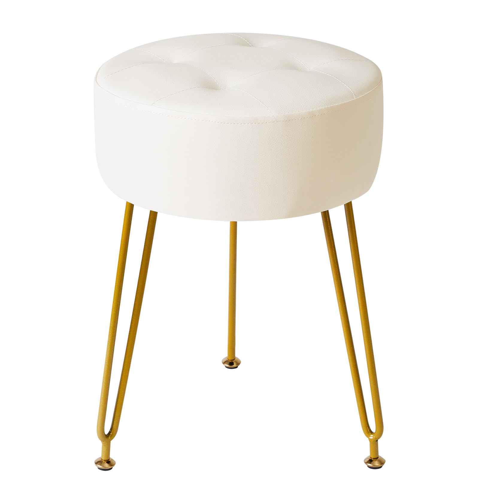 View 1 of IBUYKE Faux Leather Round Footrest Stool, Makeup Vanity Stool Side Table, PU Dressing Table Seat, Pouf Couch Stool, Golden Steel Legs, White LG-31W