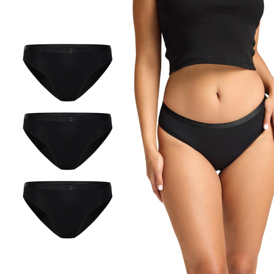 Modibodi Period Underwear Women Classic Bikini 3 Pack Light Absorbency 20ml Leakproof Period Pants Reusable Knickers Breathable Soft SustainableBlack-8/XS