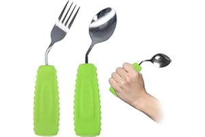 Ehucon Adaptive Utensils,Weighted Angled Silverware,Parkinsons Aids,Curved Non-Slip Easy Grip Spoon and Fork Set for Tremors,Disabled,Handicap,Elderly,Arthritis (Left Hand,Pack of 2,Green)