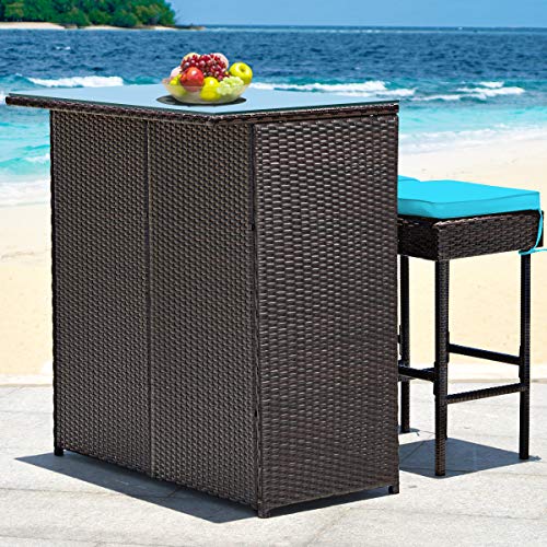 Tangkula Patio Bar Set, 3 Piece Outdoor Rattan Wicker Bar Set with 2 Cushions Stools & Glass Top