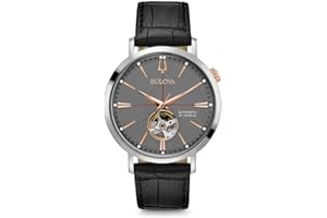 Bulova Men's Classic Aerojet 3-Hand Automatic Leather Strap Watch, Open Aperture, 40-Hour Power Reserve, Double Curved Mineral Crystal, 41mm