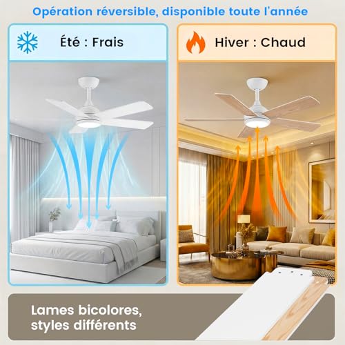 AUTODAY Ceiling Fan with Led Light, 24W Dimmable, Silent DC Motor 35W, 132Cm, Plywood Blades, Memory Remote Control, 6 Speed, White