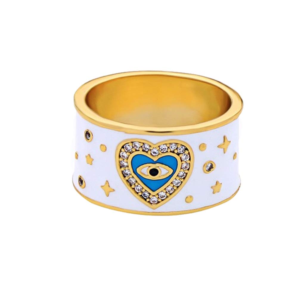 AILUOR Fashion Women Gold Plated White Enamel Evil Eye Ring, Inspirational Hamsa Crystal Love Heart Eye Charm Protection Rings Size 7 (White)