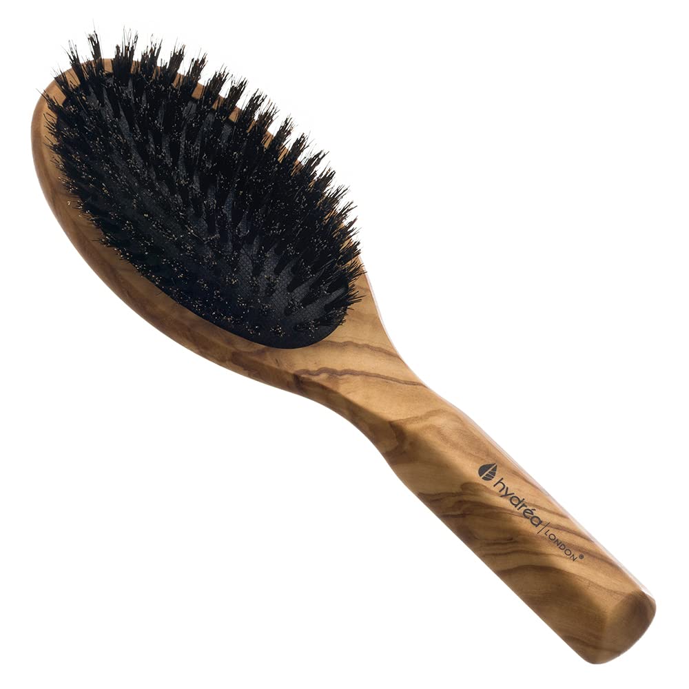 Hydréa London Olive Wood Hair Brush with Boar Bristle & No Pull Comfort Cushion – Luxury Detangler Brush Designed for Women and Men for Smooth, Sleek Shine