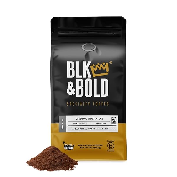 BLK & BOLD GROUND COFFEE, SMOOVE OPERATOR PREMIUM DARK ROAST, 100% ARABICA BEANS, 12 OZ BAG