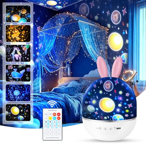 URAQT Children's Ceiling Star Projector, Night Lights for Children, 360° Rotation Musical Night Light Children Projector, 6 Films Ceiling Projector, 8 Music, with Remote Control and Timer, Baby Gift