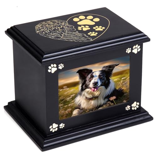 Haustier-Aschebox-Urnen für Hunde-Gedenken XLarge Holz-Feuerbestattungsurnen mit Bilderrahmen Gedenk-Andenken Erinnerungsbox mit schwarzem Flanell als Auskleidung