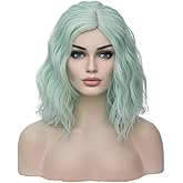 BERON 14" Green Wigs for Women Short Curly Bob Wavy Wig Girls Mint Green Colored Body Wave Heat Resistant Synthetic Cosplay Party or Daily Wigs