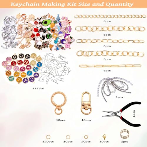 325Pcs Keychain Making Kit, Including 20 Keychain Clips 25 Extender Chain 118 Charms Jewelry Plier, Bag Charm Kit, Keychains Making Supplies for DIY Crafting