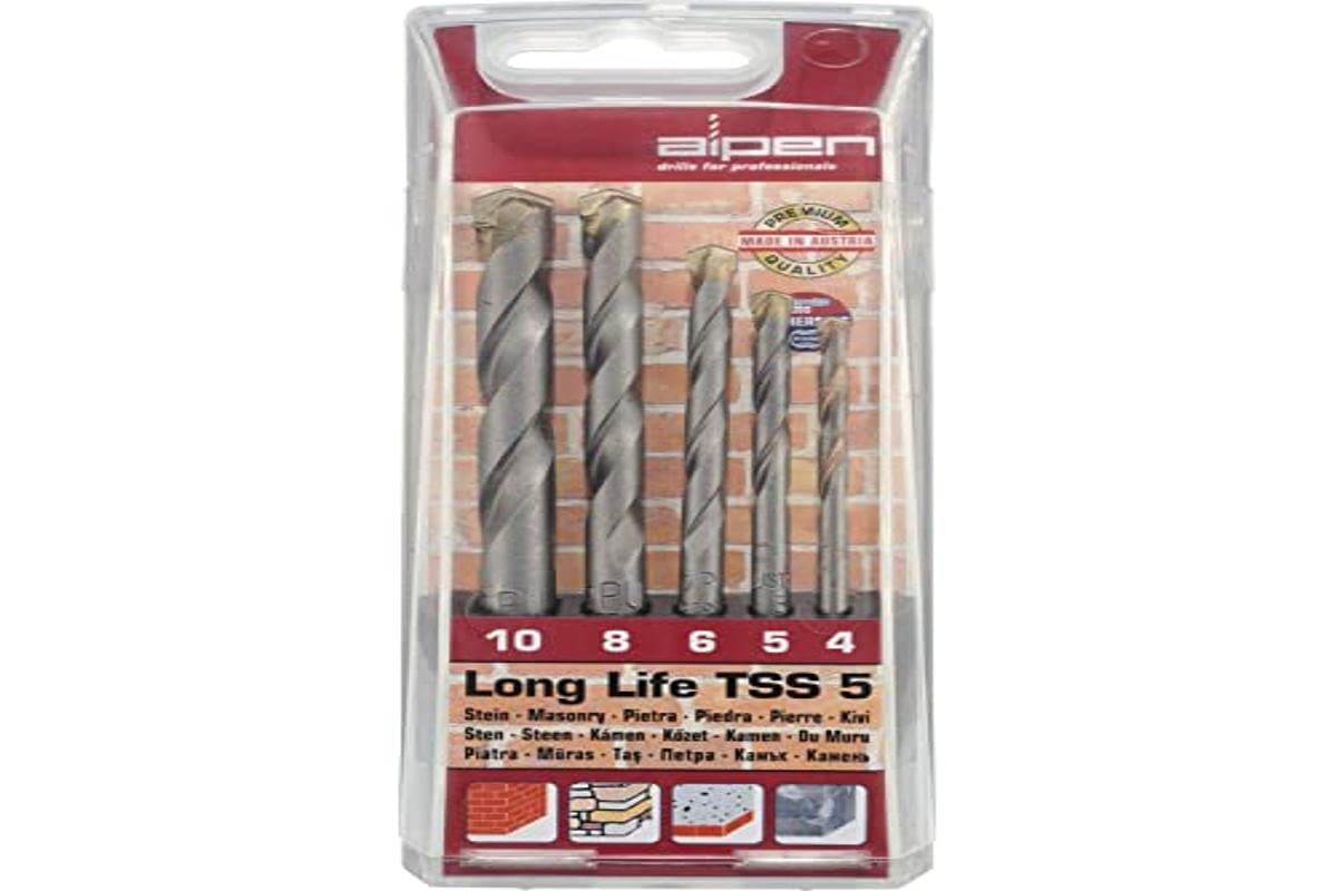 Alpen 700105100 5 Long Life TSS Tungsten Carbide Masonry Drill Bits, Grey, 4/5/6/8/10 mm
