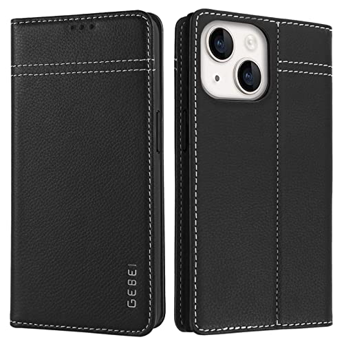 Gebei Hülle Echt Leder für iPhone 14 (6,1")- Premium Echte Lederhülle mit Standfunktion Kartenfach Magnetverschluss Flip Case Ledertasche Handyhülle S