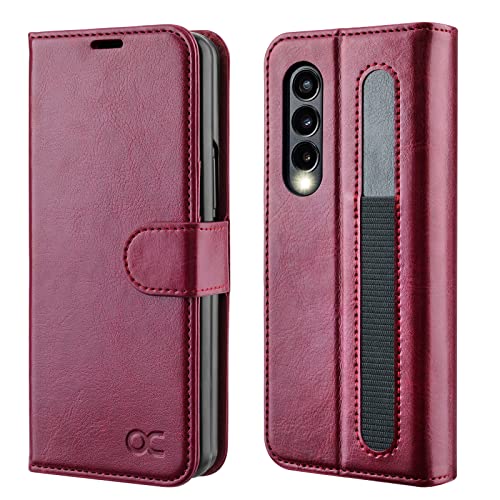 OCASE Compatible with Samsung Galaxy Z Fold 3 5G Case with S Pen Holder, PU Leather Galaxy Z Fold3 5G Flip Folio Wallet Case with RFID Blocking Card Holder Kickstand Phone Cover 2021,Burgundy