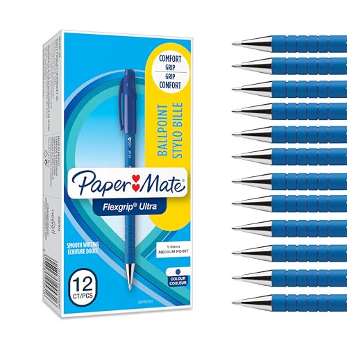 Paper Mate Flexgrip Ultra bolígrafo con capuchon | punta mediana (1,0 mm) | azul | Material escolar | caja de 12