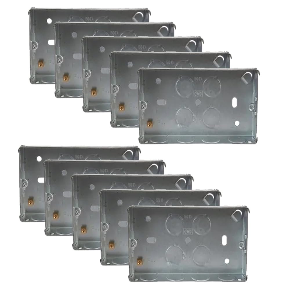 rhinocables Metal 2 Gang Double Socket Back Box, Double Pattress Box Mount, Steel Knock Out Flush Mount (10 Pack, 25mm)