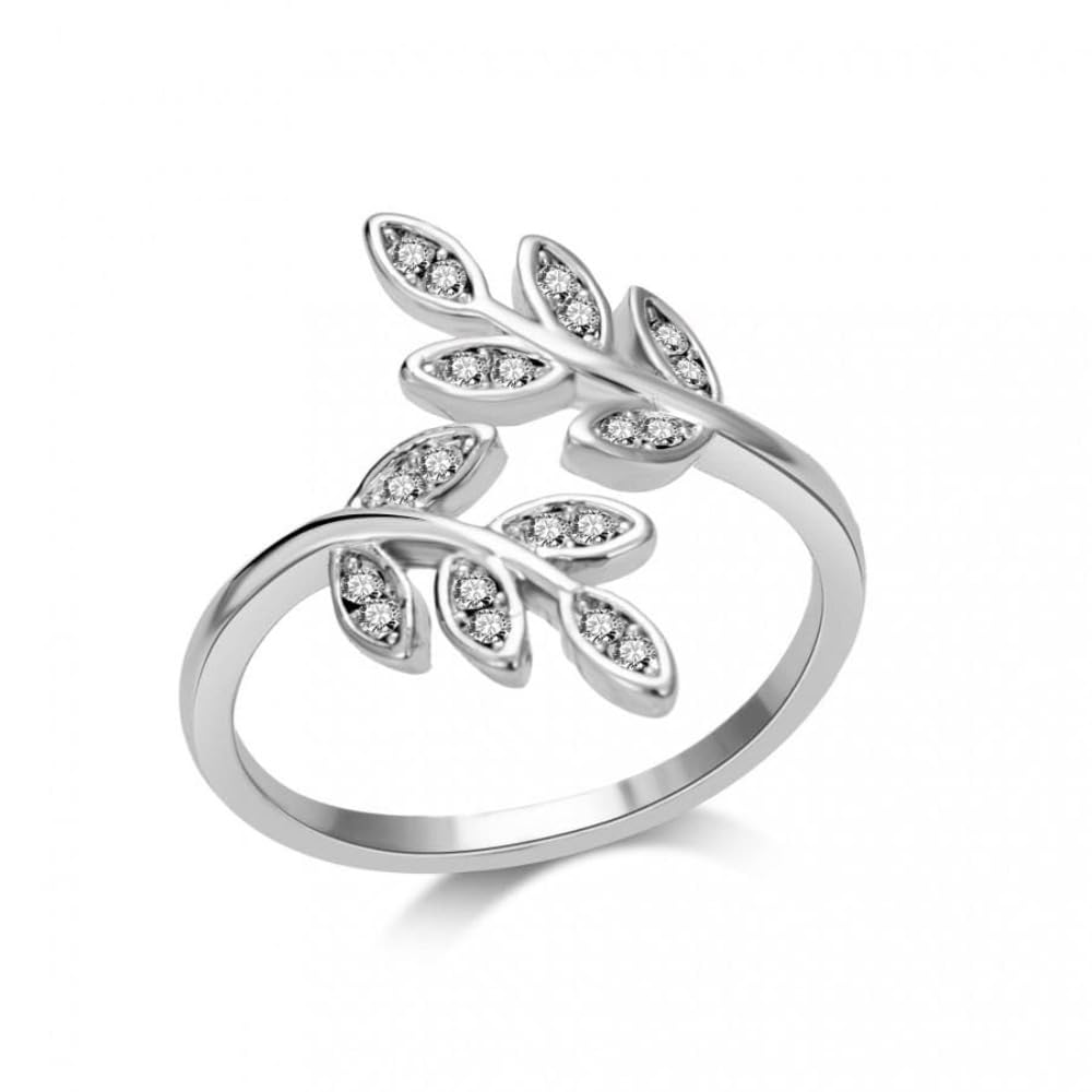 Philip Jones Silver Plated Adjustable Leaf Ring Created with Zircondia® Crystals