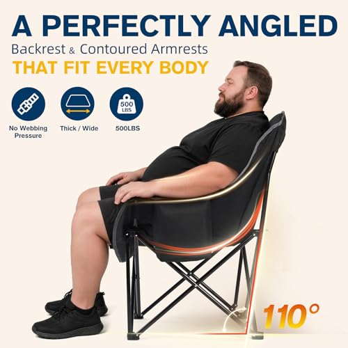 Coldbee Oversized Camping Chairs for Adults - Heavy Duty Padded Folding Lawn Chairs with Cup Holders & Cooler Bag, Comfy Outdoor Chair for Picnic, Beach, Fishing (Black)