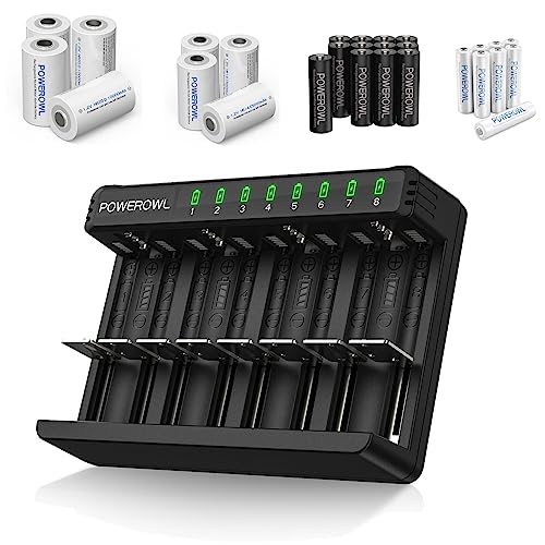 POWEROWL Smart Battery Charger with Rechargeable Batteries Kit, AA 2800mAh-Qty8, AAA 2800mAh-Qty8, D 10000mAh-Qty4, C 5000mAh-Qty4