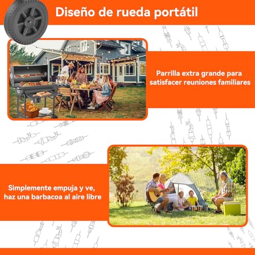 Asador de Carbon Portatil con Ruedas,Sador de Carbon Con Tapa y Doble Nivel,Parrilla Asador de Carbón con Mesa Frontal Lateral,Parrilla de Carbón Premium,Gran Capacidad,para Jardín,Patio
