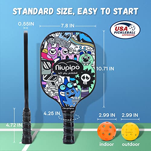 niupipo Pickleball Paddles, Pickleball Paddle Set of 2 w/ Honeycomb Core, Fiberglass Surface, 2 Durable Overgrips, 1 Bag, 4 Pickleball Balls , Pickleball Paddle for Outdoor & Indoor Family Games