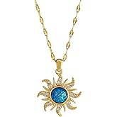DIAMANTIO 18K Gold Plated Sunburst Pendant Necklace with Blue Opal Center – Dainty Celestial Statement Jewelry with Cubic Zirconia Accents