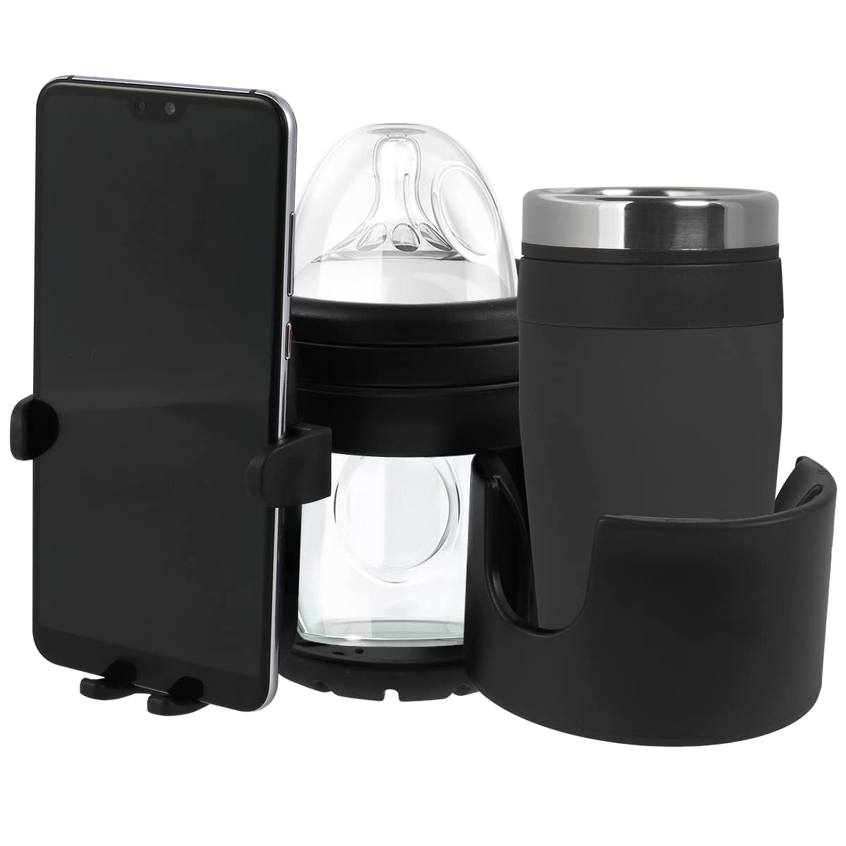 Jetclutch Stroller Cup Holder with Phone Holder, Universal Pushchair/Pram Cup Holder, 360° Rotating Phone Holder Double Hole Baby Cars Organizer Cup Holder Anti-Slip Baby Bottle Holder for Stroller