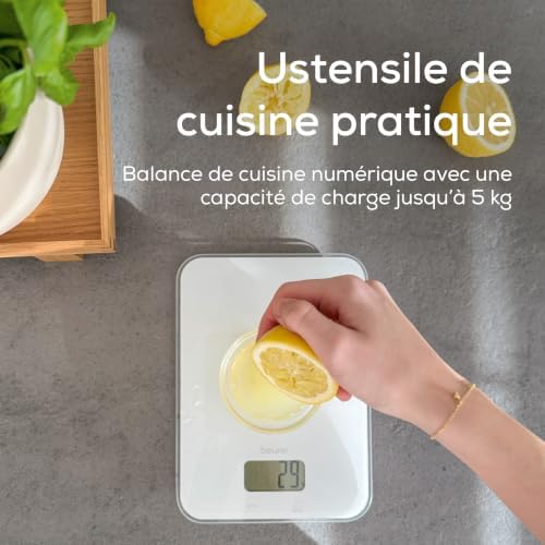 KS 19 Pure White balance de cuisine numérique, capacité de charge jusqu'à 5 kg (graduation précise au gramme près), avec commande tactile par capteur, balance alimentaire incl. piles, blanc
