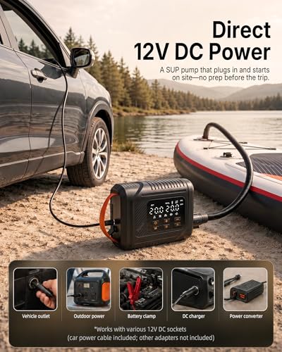12V DC Paddle Board Pump, Electric Portable SUP Air Pump with Car Cigarette Lighter, Preset Pressure & Auto-Off, Dual-Stage Fast Inflate/Deflate, 20 PSI Max, 7 Nozzles for Paddleboards, Kayaks, Boats | 12V vehicle-powered SUP pump with dual-stage inflation, preset pressure and auto shut-off up to 20 PSI.